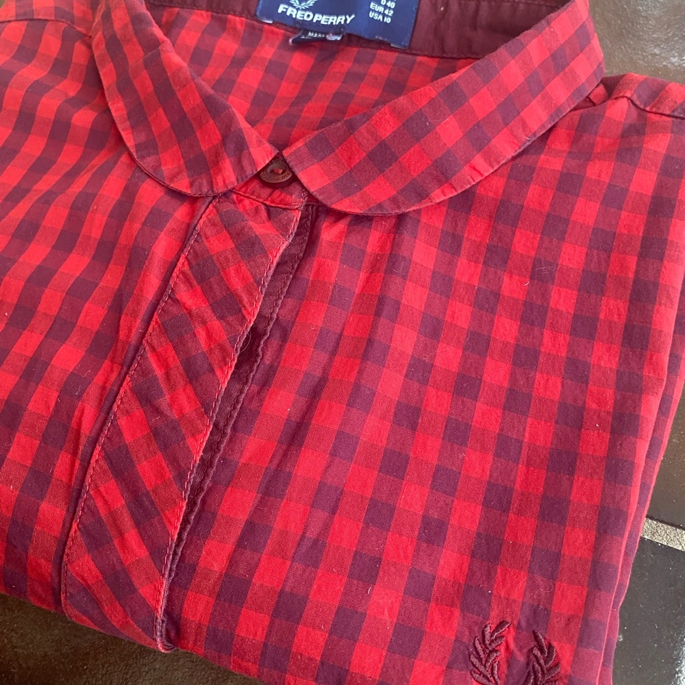 Fred Perry Women’s Burgundy and Red Checkered Shirt Size 10